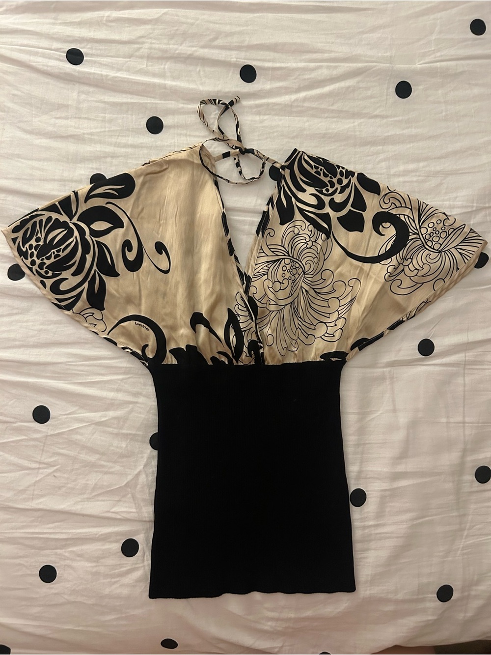bebe Cream and Black Floral Silk Tie-Back Blouse - Picture 2 of 6